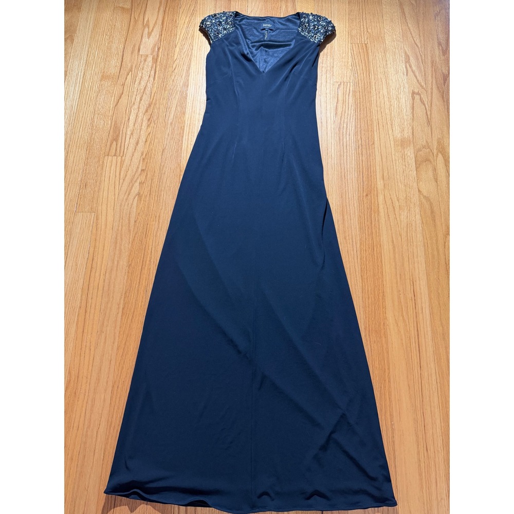 Laundry by Shelli Segal Black Beaded Cap Sleeve V-Neck Formal Gown Dress 4